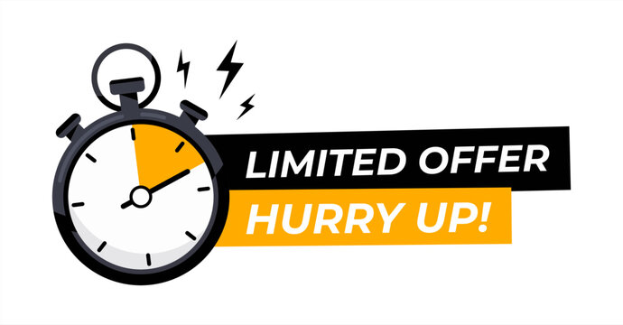Yellow limited offer hurry up with clock for promotion, banner, price. Label countdown of time for offer sale or exclusive deal. Alarm clock, vector 10 eps.