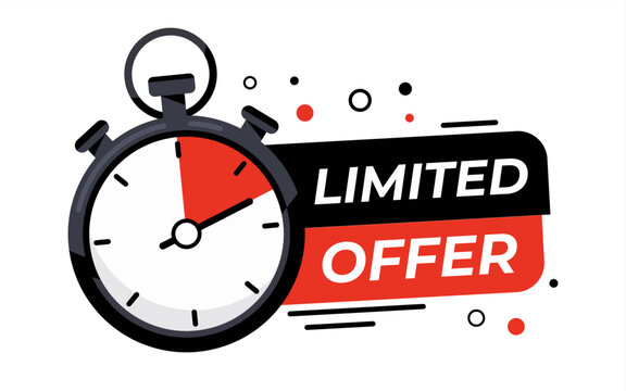 Last minute limited offer with clock for sale promo, button, logo or banner or red background. Hurry up sale label with time countdown for limited offer sale or exclusive deal. Special offer badge, ve