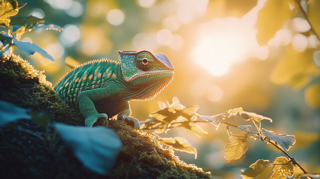 Green chameleon climbing a mossy tree branch in a sunlit forest.