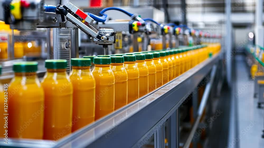 Poster automated juice bottling line in a modern factory