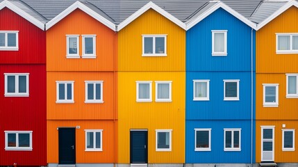 Modern colorful wooden houses with geometric design. Urban architecture background for real estate, travel, and design articles.