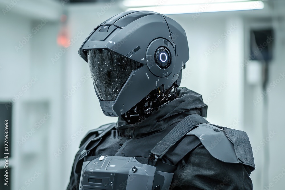 Poster advanced robotic helmet displayed in a modern tech laboratory setting