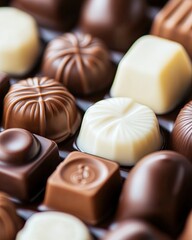 Naklejka premium Assortment of white, dark and milk chocolate candies. Close-up, shallow depth of field.