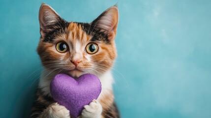 A cute cat holding a purple heart against a vibrant turquoise background.