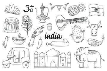 India doodles, monochrome cartoon elements collection for coloring books, prints, cards, banners, signs, etc. EPS 10