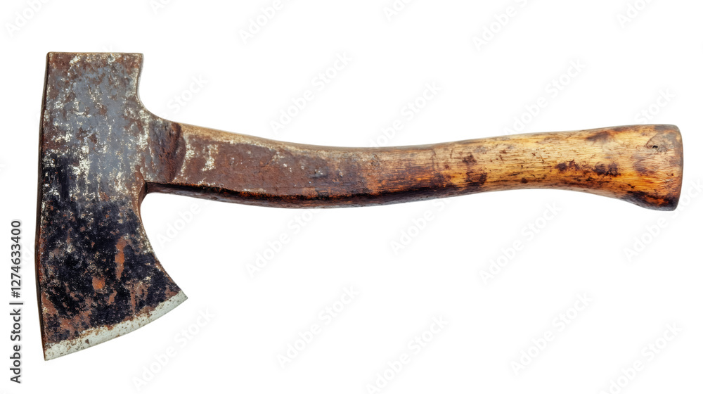 Poster weathered axe featuring wooden handle resting against neutral backdrop, representing rustic woodwork