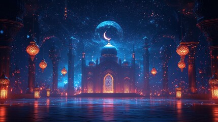 Obraz premium Night scene of a mosque under a crescent moon, glowing lanterns, and starry sky; ideal for Ramadan greeting cards