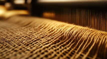 Close-up view of a weaving loom with intricate threads and textures.