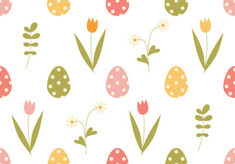 Seamless Easter Egg Pattern Background Design. Easter eggs and flowers. Spring holiday texture. Easter cute pattern