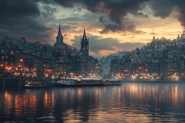 Obraz premium Evening lights reflect on the serene waters of a historic European cityscape