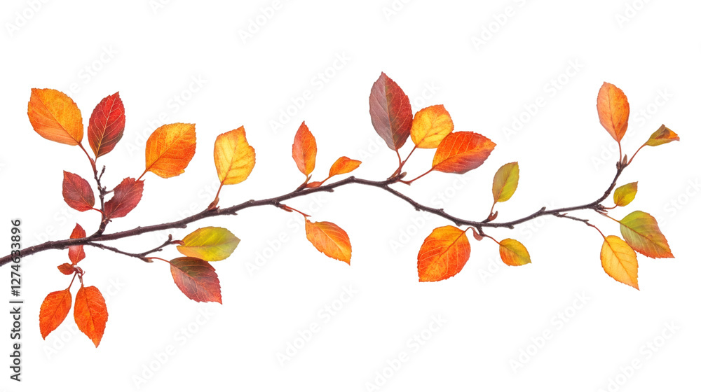 Poster branch with colorful autumn leaves showing fall colors, isolated on transparent background, ideal fo