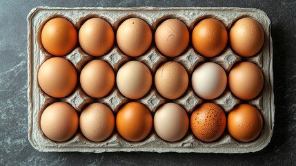 Fresh eggs in a carton, showcasing various colors and textures.