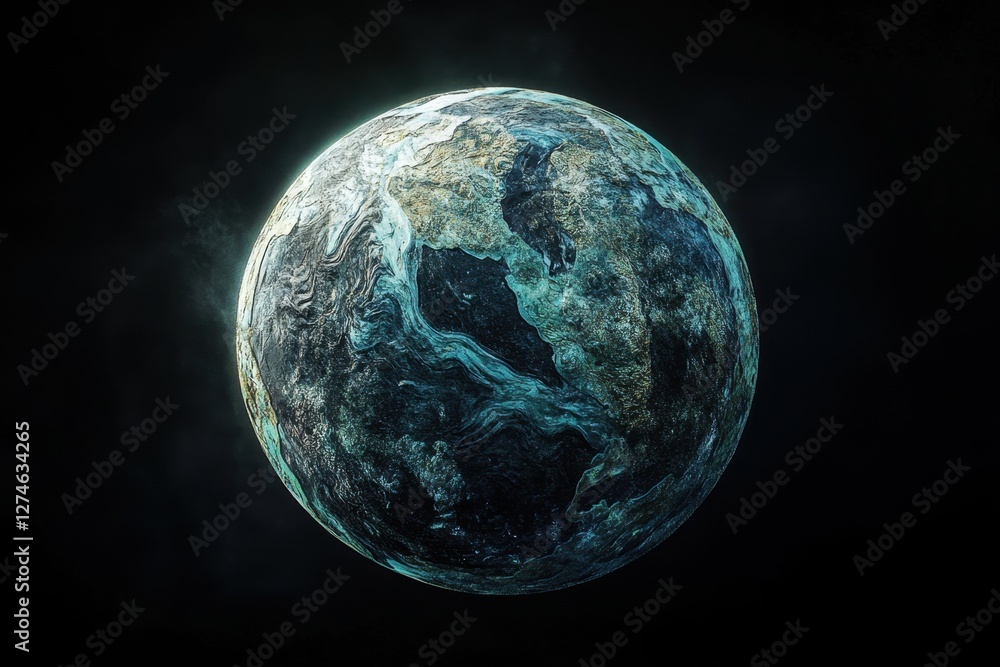 Poster visual representation of an alien planet with unique textures and colors in a dark space setting