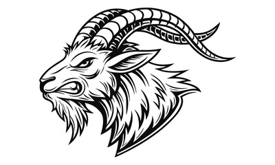 Goat head vector iilustration, monochrome design, hand drawn illustration, detailed artwork, minimalist design, isolated on a white background