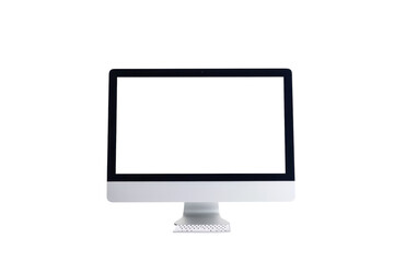 A minimalist workspace featuring a blank computer screen in an airy and bright setting isolated on transparent background