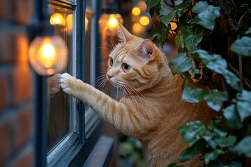 ginger cat reaching out to touch a window, illuminated by warm evening lights

