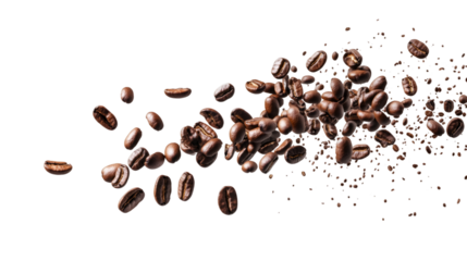 Roasted coffee beans exploding and flying on transparent background, perfect for advertising and packaging