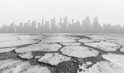 Cracked earth floor with distant cityscape. Possible use climate change, urban decay