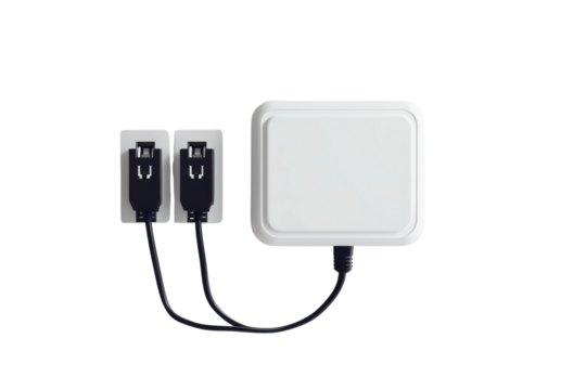 Clean minimalistic design of a white charger and two black cables on a light background isolated on transparent background