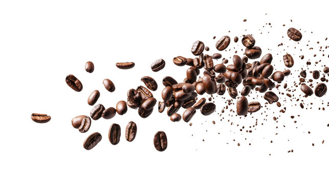 Roasted coffee beans exploding and flying on transparent background, perfect for advertising and packaging