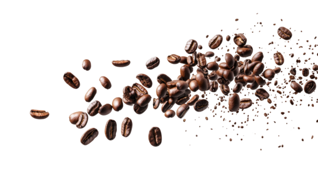 Roasted coffee beans exploding and flying on transparent background, perfect for advertising and packaging
