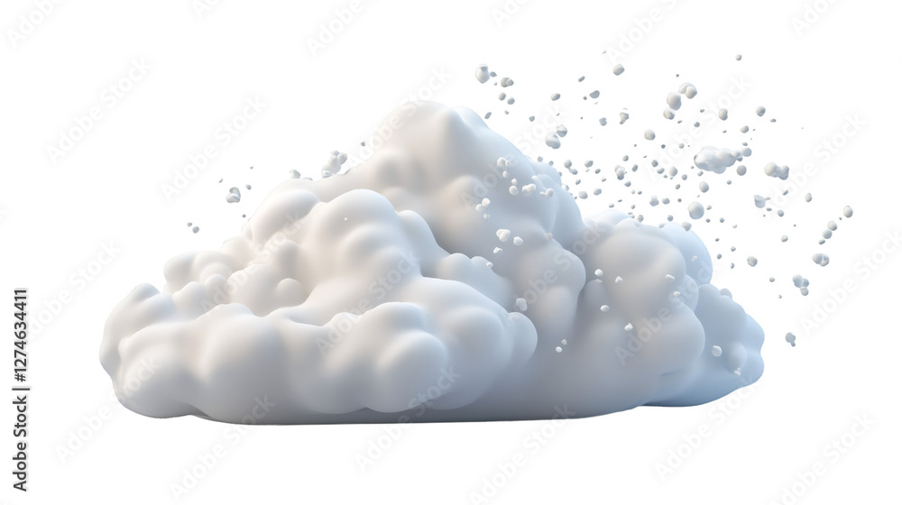 Poster soft white cloud generating delicate foam particles through digital rendering, floating against tran