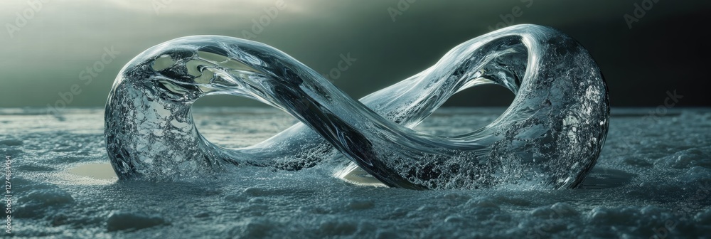 Poster water flows through a transparent infinity shape creating a serene visual effect