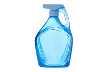 A vibrant blue cleaning solution bottle against a minimalist white backdrop isolated on transparent background
