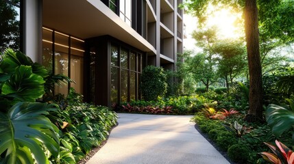Naklejka premium Modern building surrounded by lush greenery and a serene pathway on a sunny day.