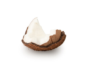 Coconut pieces, broken coco nut isolated, fresh tropical palm fruit slices, open cracked coconut