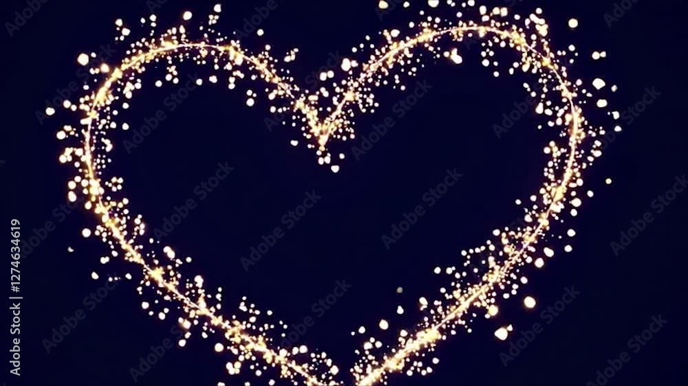 Poster golden particles are swirling and creating a beautiful, sparkling heart shape against a dark backgro