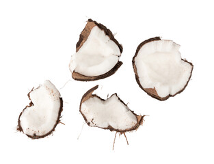 Coconut pieces, broken coco nut isolated, fresh tropical palm fruit slices, open cracked coconut