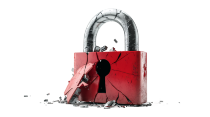 Shattered red padlock revealing cybersecurity vulnerability against clean white backdrop