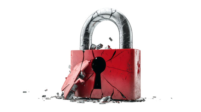 Shattered red padlock revealing cybersecurity vulnerability against clean white backdrop