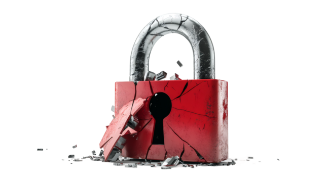 Shattered red padlock revealing cybersecurity vulnerability against clean white backdrop