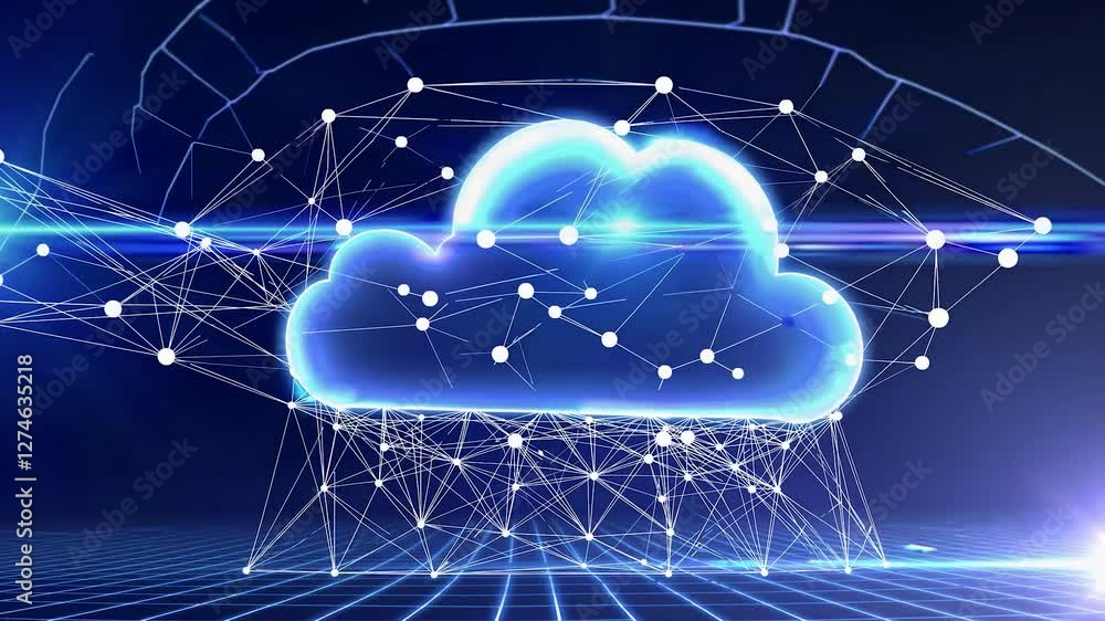 Poster glowing cloud symbol representing cloud computing, big data analysis, network connections, and the f
