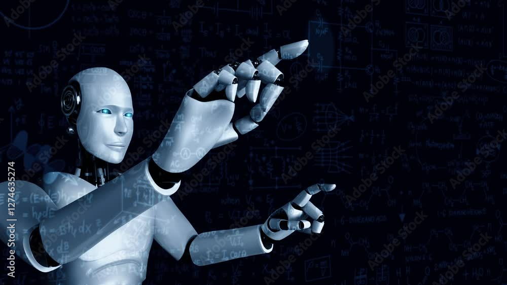 Poster ai hominoid robot touch screen of mathematics formula and science equation by using artificial intel