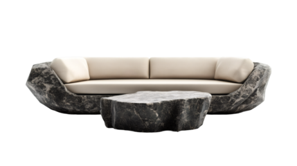 Stone sofa with white cushions and matching coffee table, isolated on a transparent background, perfect for interior design projects