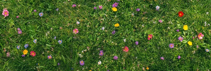 Spring and Summer Natural Background with Fresh Green Grass and Wildflowers in Morning Light, Outdoor Copy Space  
