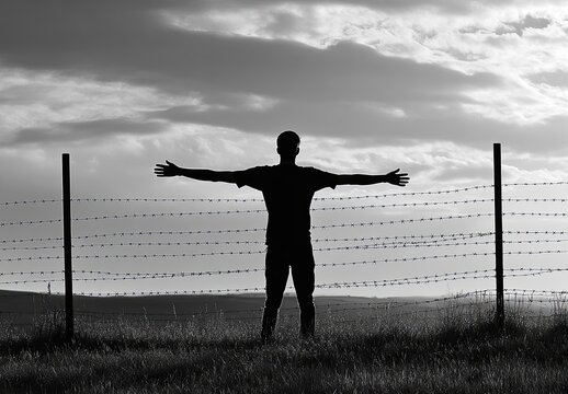 Social justice is represented as an abstract notion, with a blurred picture of a barbed wire fence rod - Powered by Adobe