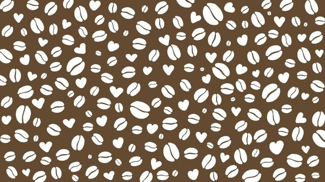 Coffee dark brown background with animated white symbol silhouette coffee beans. Looped. animation.