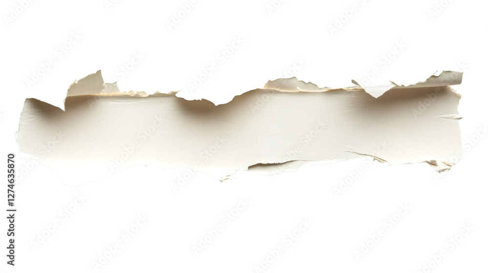 Poster torn beige paper strip with curling edges, revealing empty space against transparent background