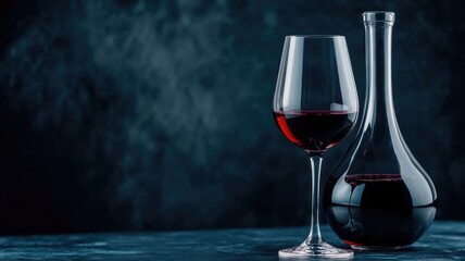 Glass and decanter of red wine on dark background