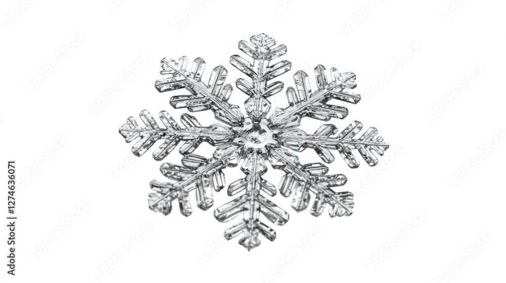 Aufkleber detailed snowflake crystal revealing intricate frost patterns, symmetrical winter form with transpar
