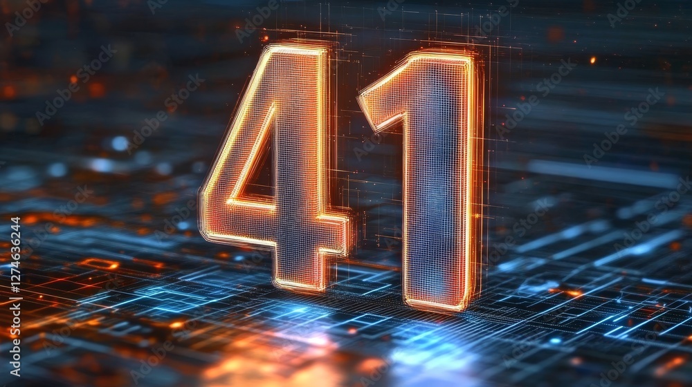 Poster glowing digital number 41 in futuristic style with abstract technological background, rendering.