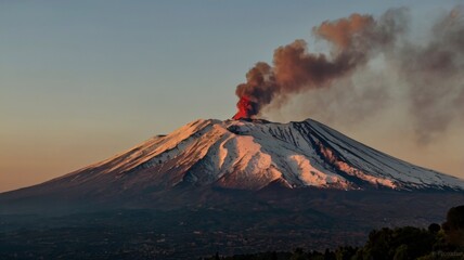 Snow blankets the volcanic peak of Mount Fuji in a serene winter landscape against the sky