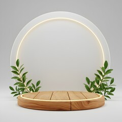 A modern white 3D round podium with a wooden top supports a circular panel with an elegant green leaf design along its border, creating a simple yet stylish natural aesthetic