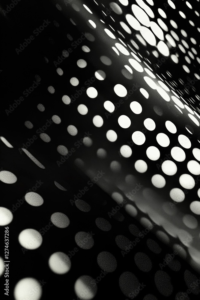 Poster an artistic black and white photo of a close-up of polka dot patterns on a wall or floor, creating a