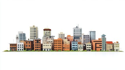 A vibrant city skyline featuring various buildings and architectural styles against a clean white background, ideal for representing modern urban life