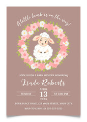 Baby Shower Card with Cute Lamb and Floral Wreath.